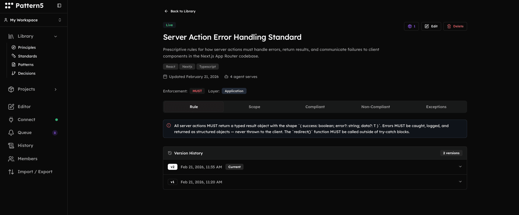 A published standard in Pattern5 showing enforcement level, versioning, and structured content sections