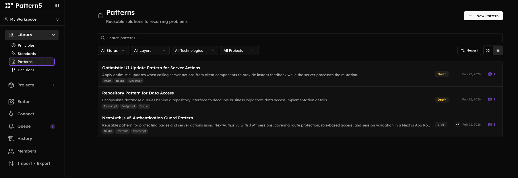 Pattern5 library showing architectural patterns, standards, and decisions organized in one place